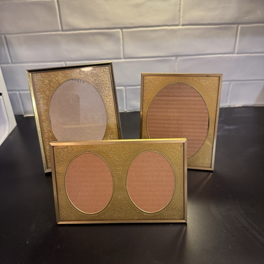 Rare Vintage Metal Matted Picture Frames Double And Singles Gold Tone Filigree
